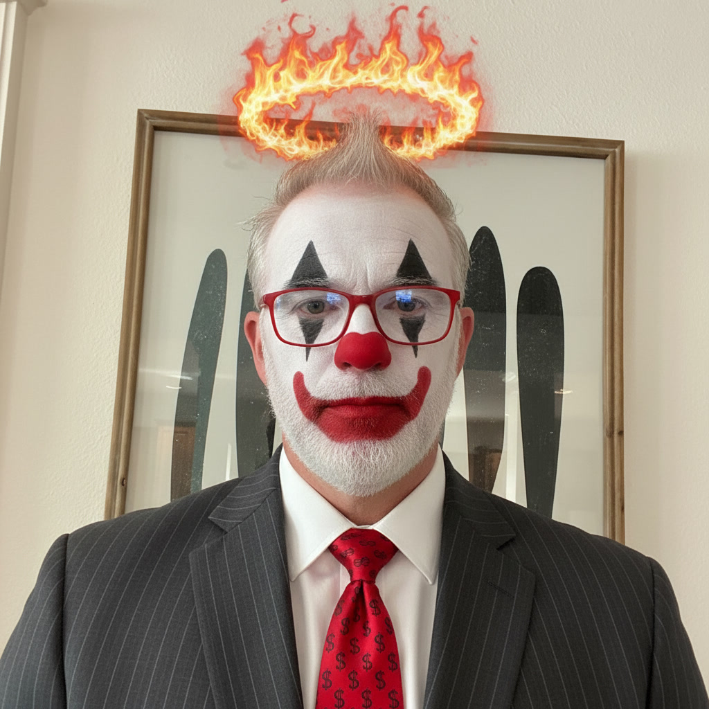 A person in clown makeup and a business suit with a flaming halo