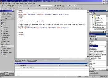 Visual InterDev 6.0 HTML editor showing the toolbox, source view, and Project Explorer