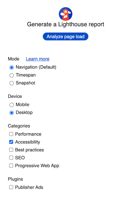 Only Navigation, Desktop and Accessibility selected in the Lighthouse tool