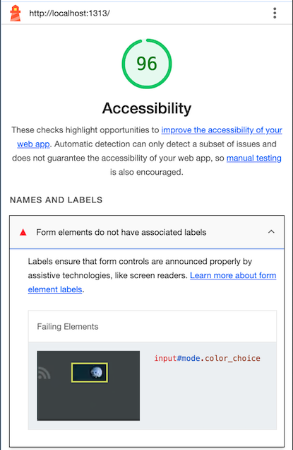 Image with Lighthouse Accessibility Score of 96