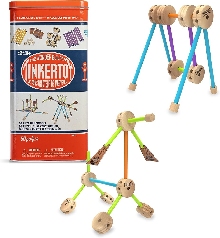 A classic Tinkertoy 50-piece wooden building set with colorful rods and wheel-shaped hubs